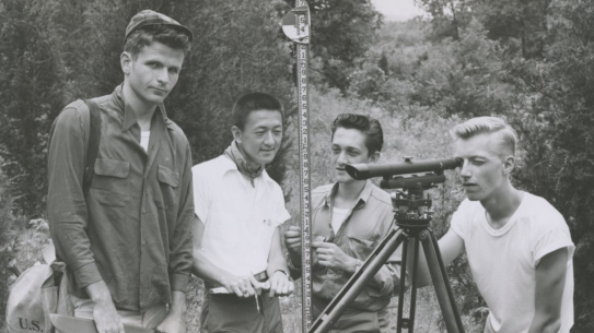 Civil Engineering students circa 1959 conducting surveying lab