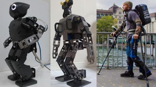 Two complex, agile robots compared to the dynamics of a human walking