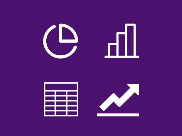 pie chart, histogram, spreadsheet and line chart icons in a two by two grid