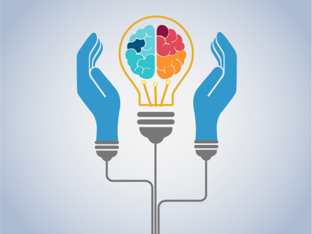 Two hands holding up a light bulb with a brain inside. Symbol of intellectual property
