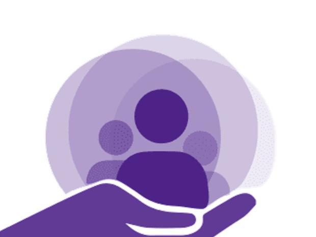 Simple icon of purple hand holding up three people icons 