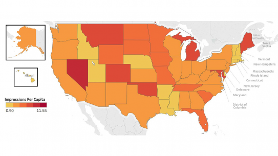 map showing facebook impressions per capita